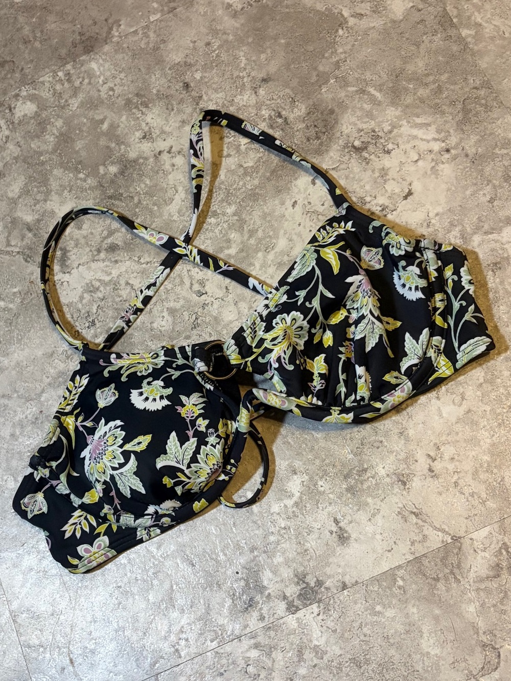 Floral Underwire Bikini Top Black Multi Strappy Back Swim Top 36B